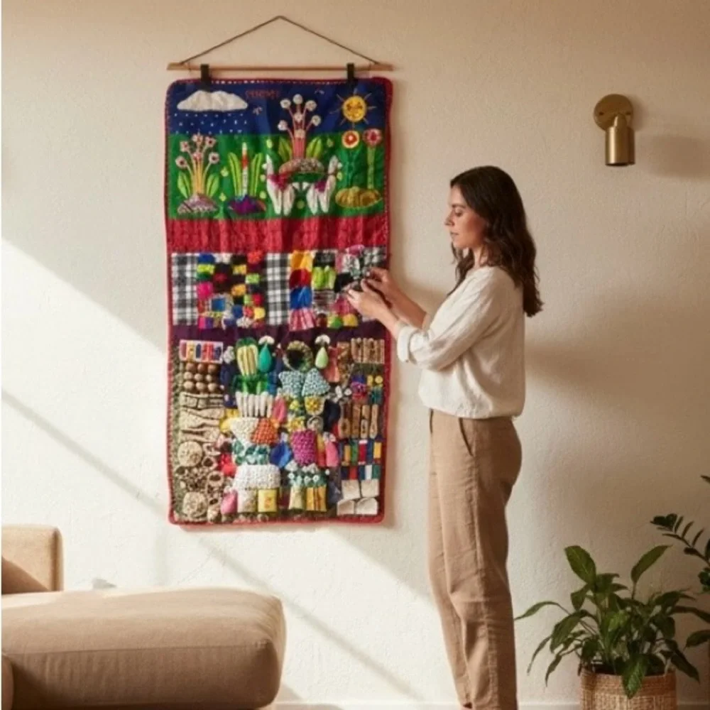 Lg. Vtg 3D Peruvian Arpillera Mercado Andean Llama FolkArt Market Tapestry 19x37